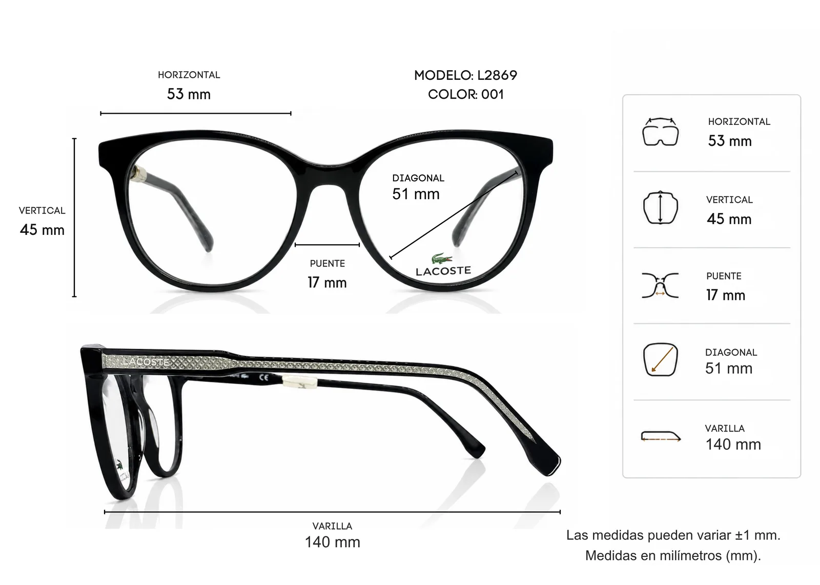 Armazón Lacoste L2869, color negro · vista 2