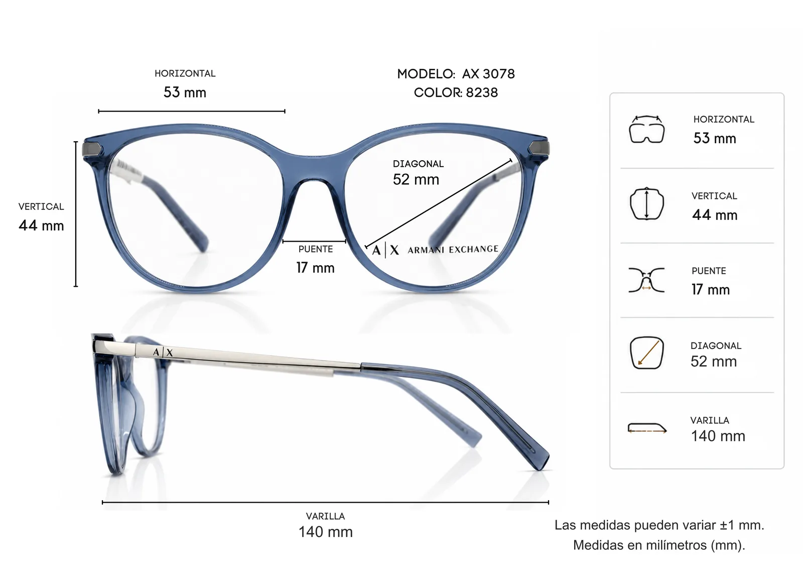 Armazón Armani Exchange AX3078, color azul · vista 2