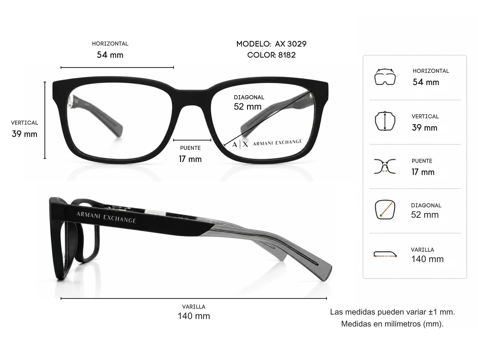 Armazón Armani Exchange AX3029, color negro mate · vista 2