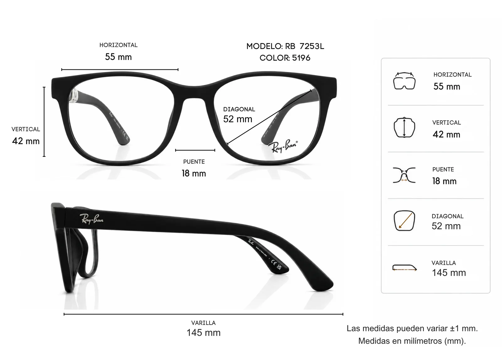 Armazón Ray Ban RB7253L, color negro mate · vista 2