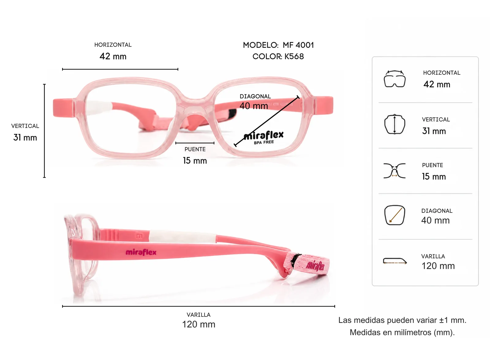 Armazón Miraflex MF4001 rosa opaco brillante, color rosa · vista 2