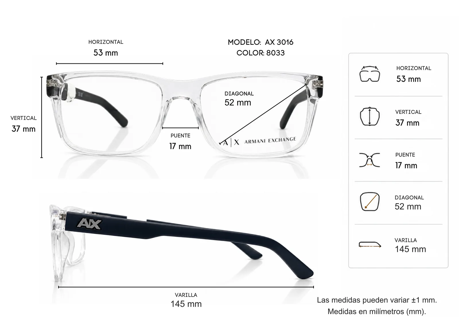Armazón Armani Exchange AX3016 transparente, color transparente · vista 2
