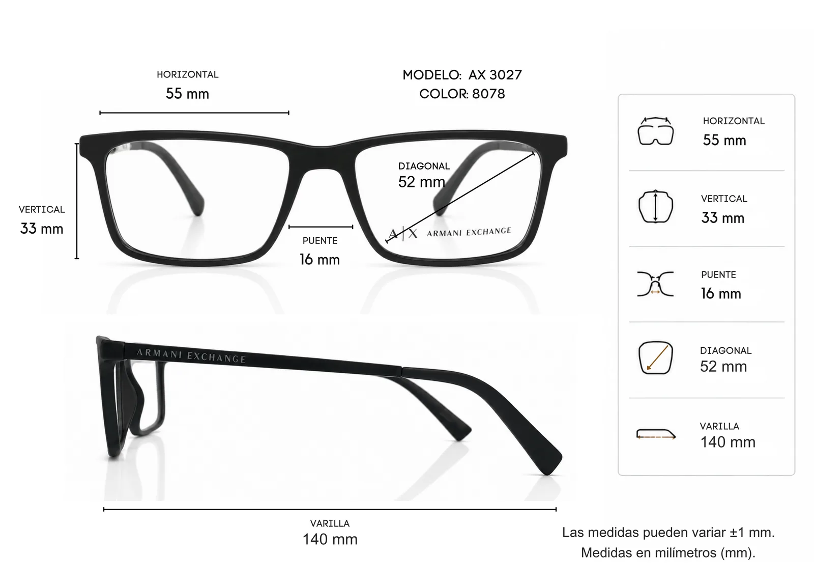 Armazón Armani Exchange AX3027, color negro mate · vista 2