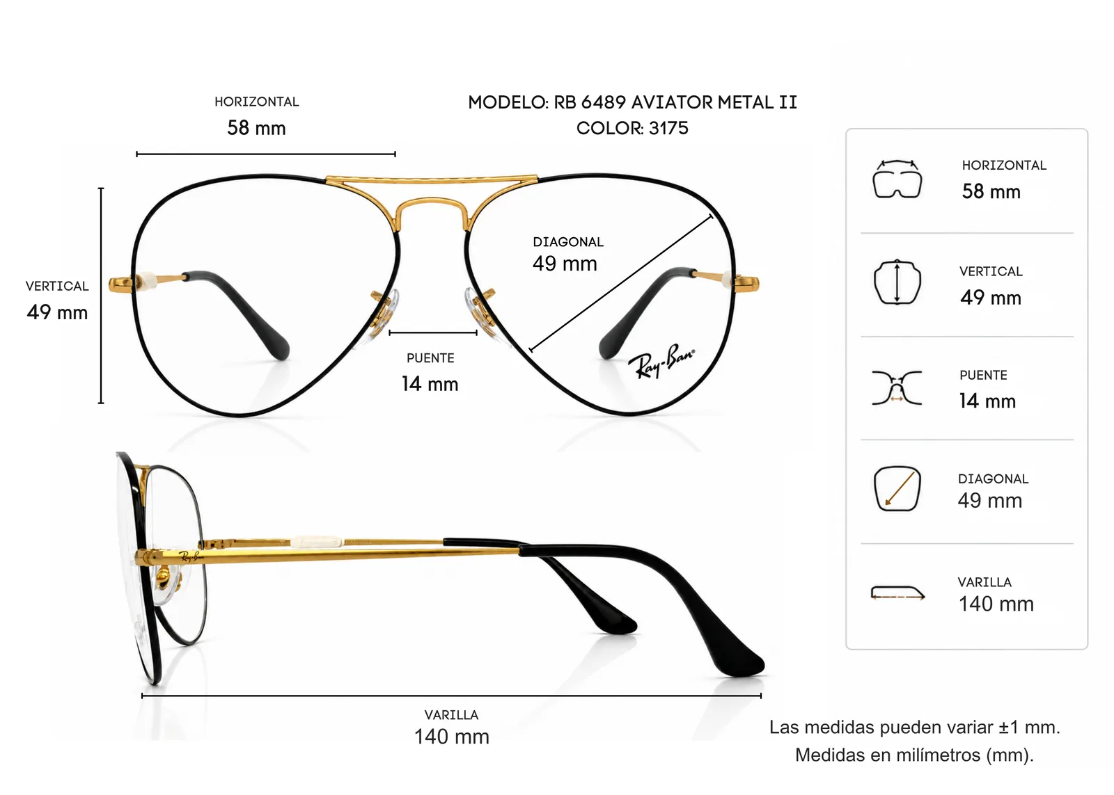 Armazón Ray Ban RB6489 AVIATOR METAL II, color negro · vista 2