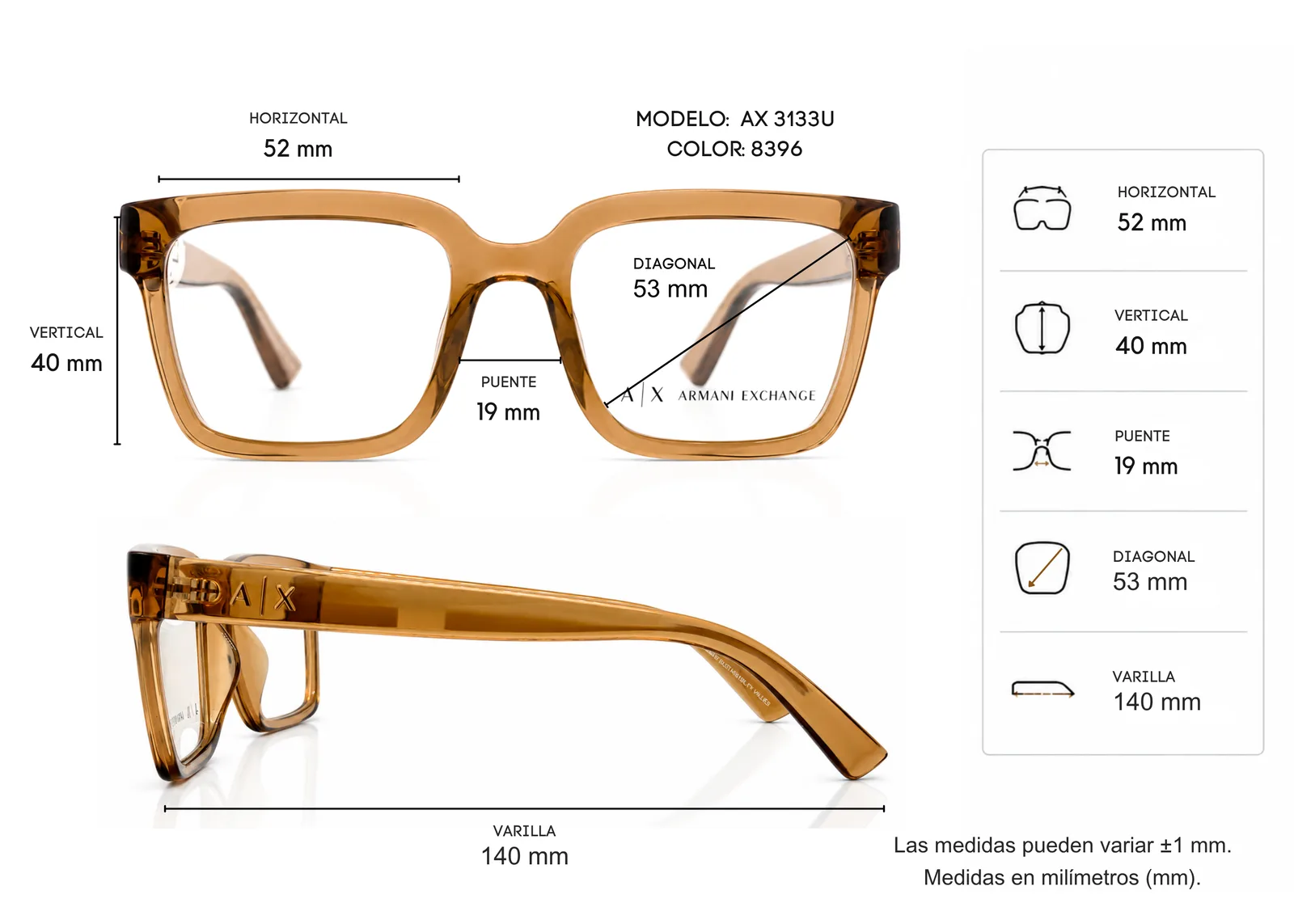 Armazón Armani Exchange AX3133U, color cafe · vista 2