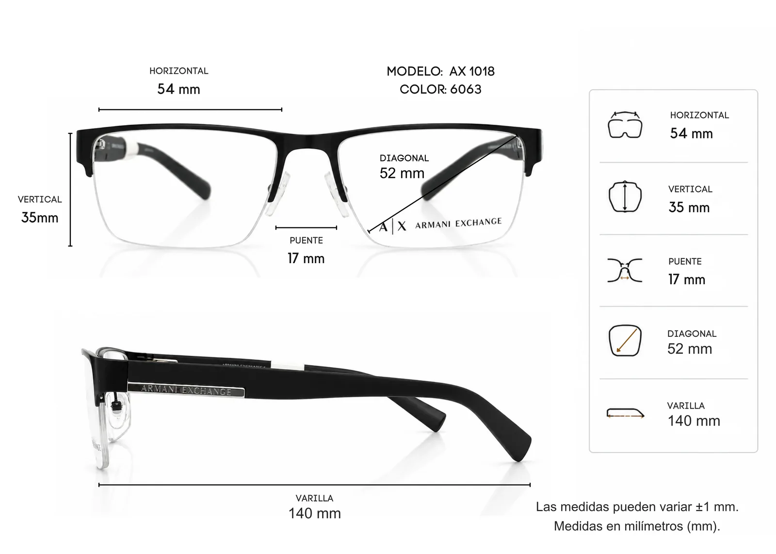 Armazón Armani Exchange AX1018 negro mate, color negro mate · vista 2