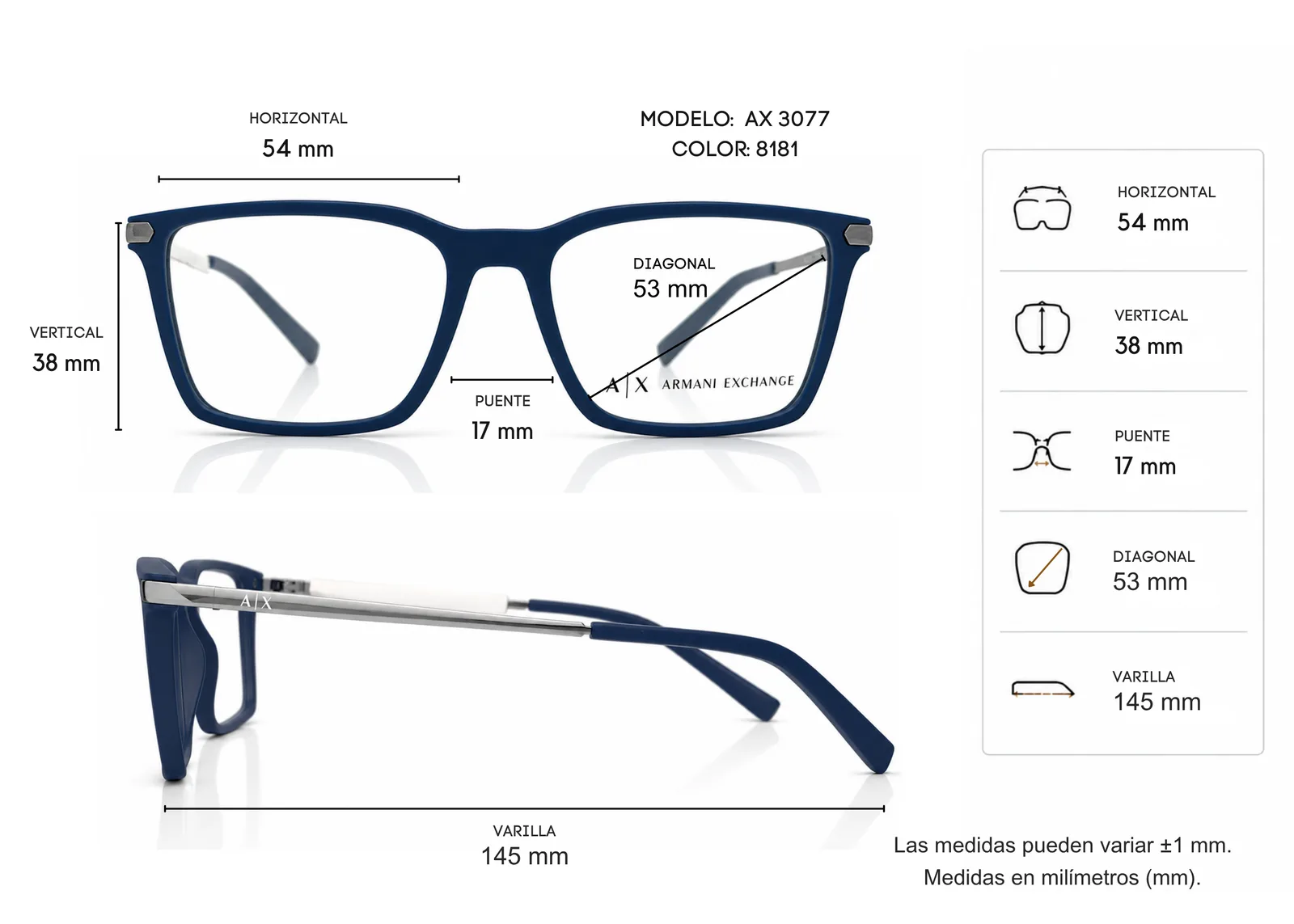 Armazón Armani Exchange AX3077, color azul · vista 6