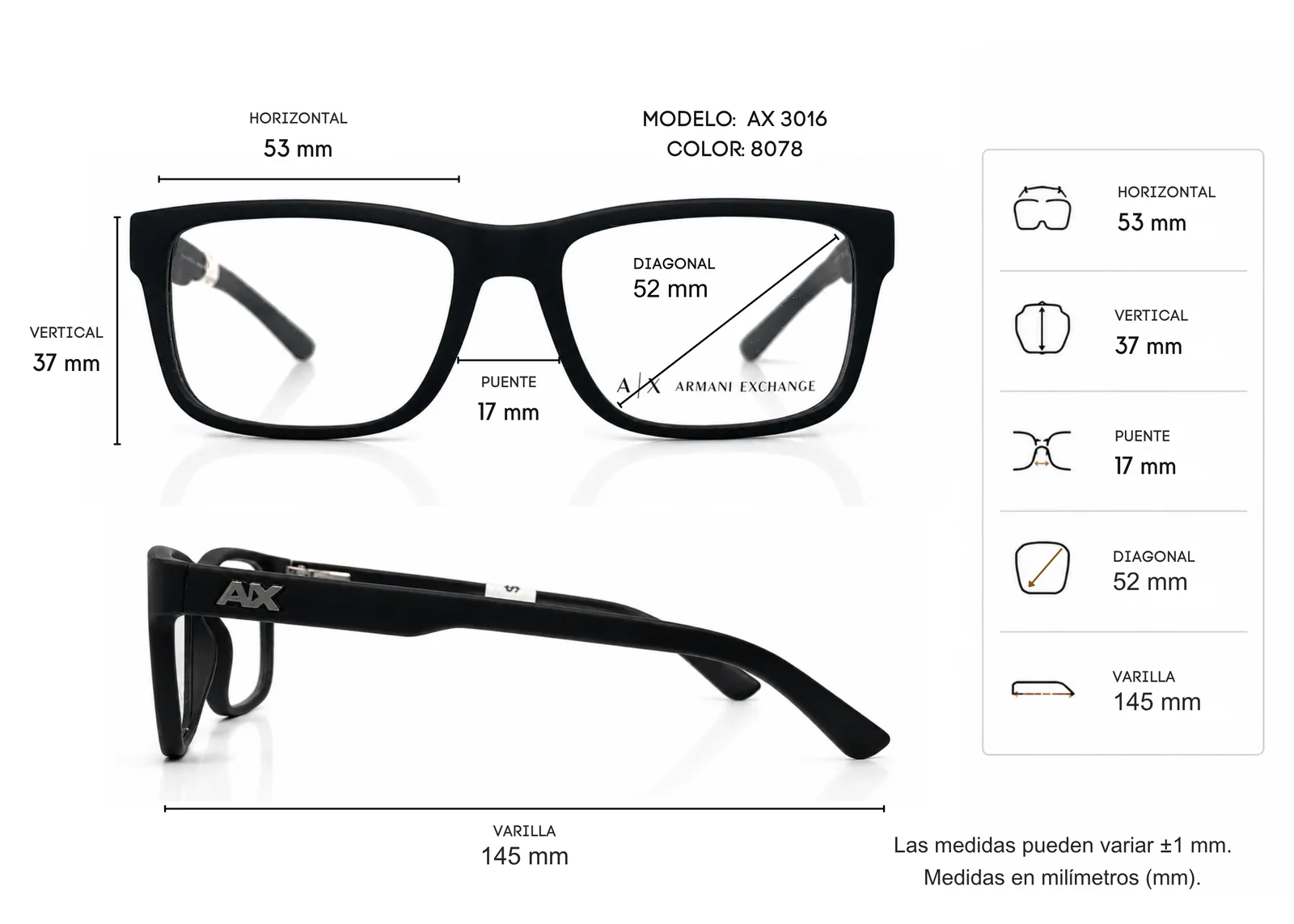 Armazón Armani Exchange AX3016 negro mate, color negro mate · vista 2
