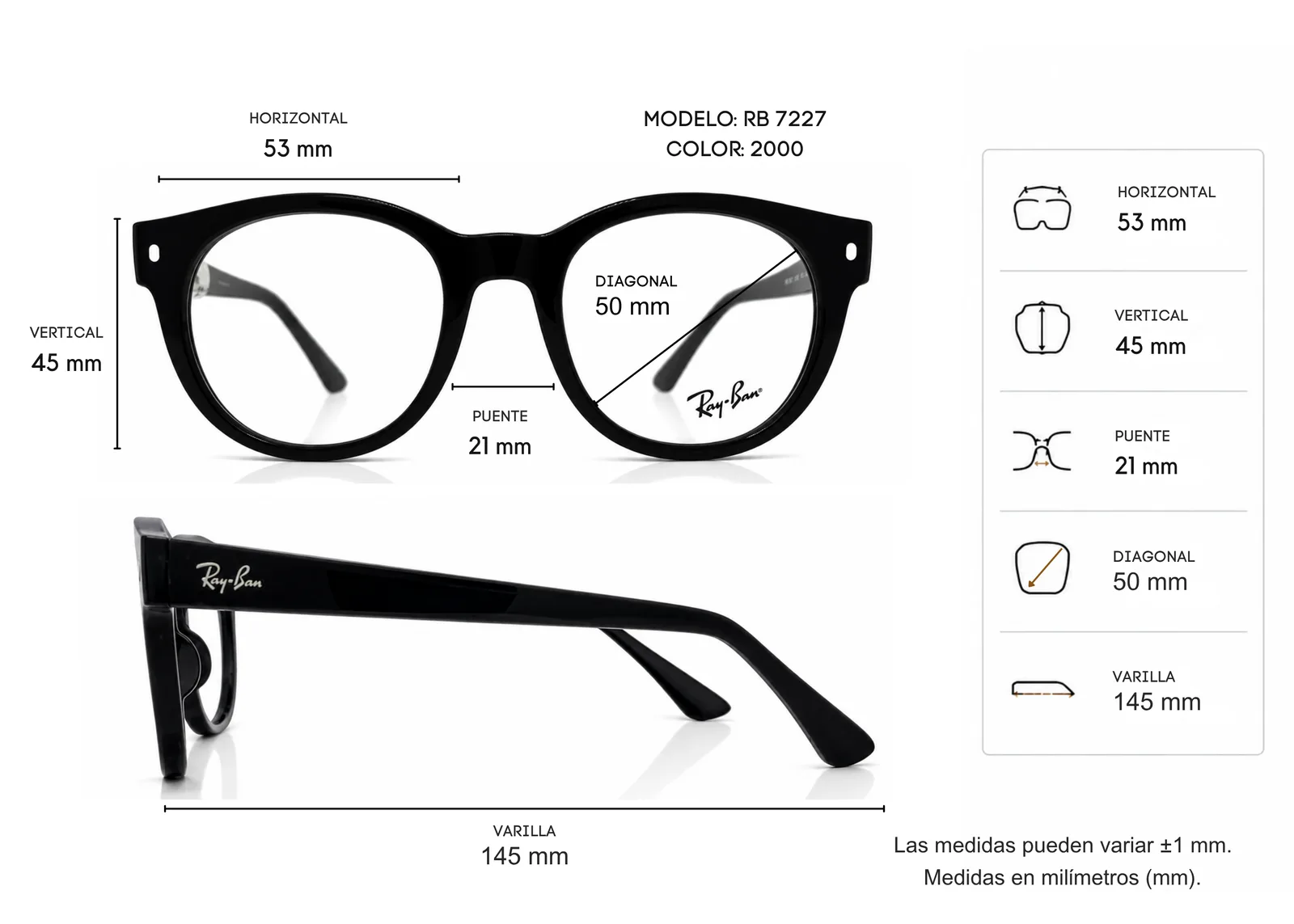 Armazón Ray Ban RB7227, color negro · vista 2