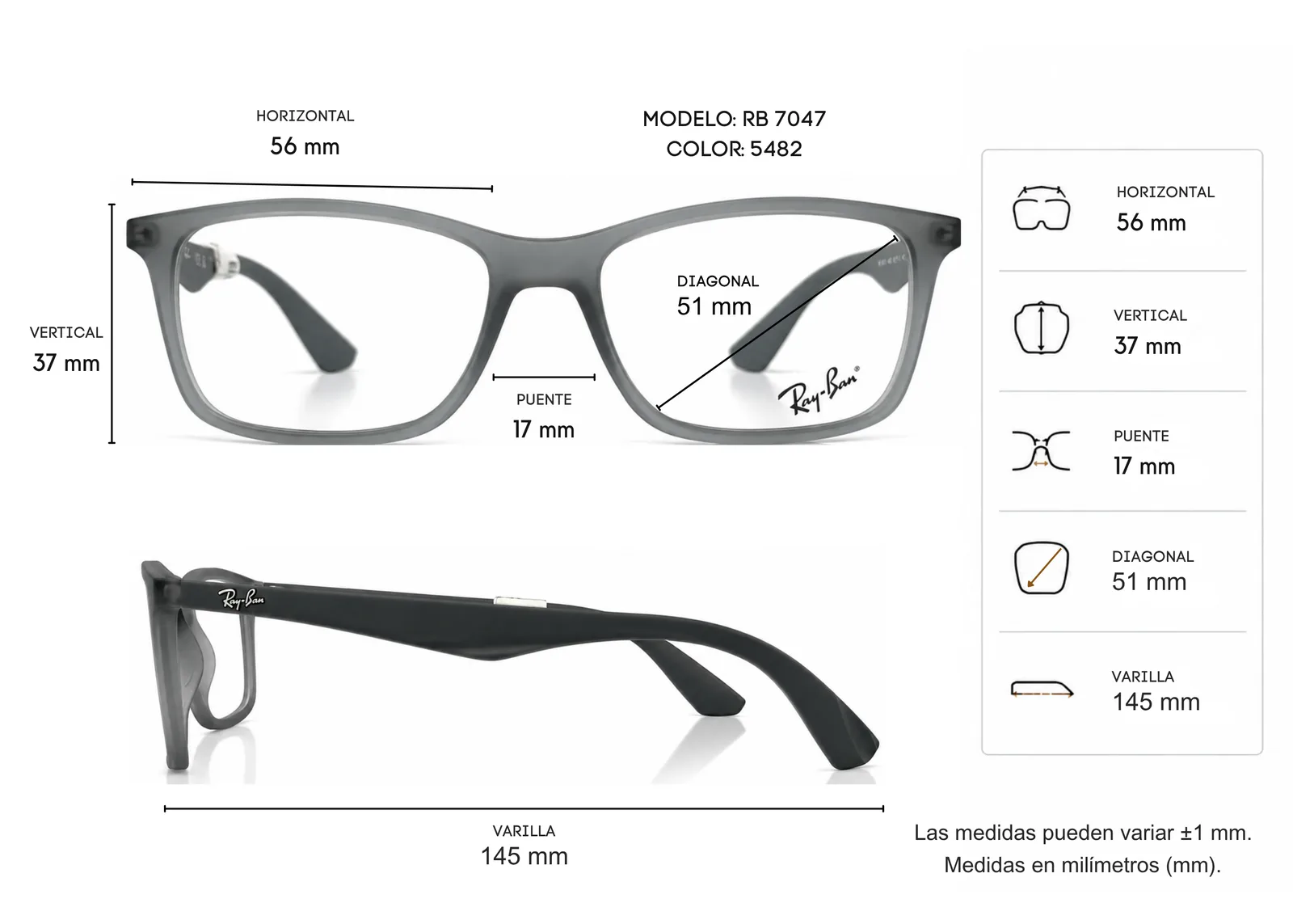 Armazón Ray Ban RB7047, color gris · vista 2