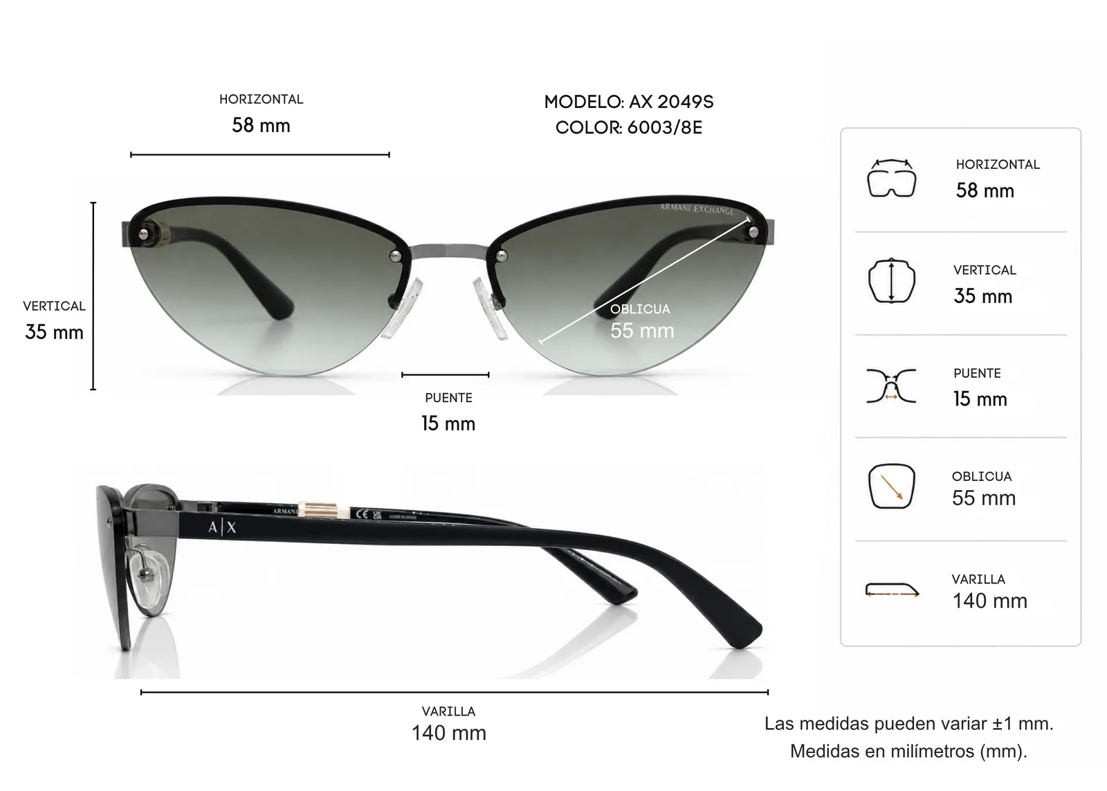 Armazón Armani Exchange AX2049S, color gris · vista 2