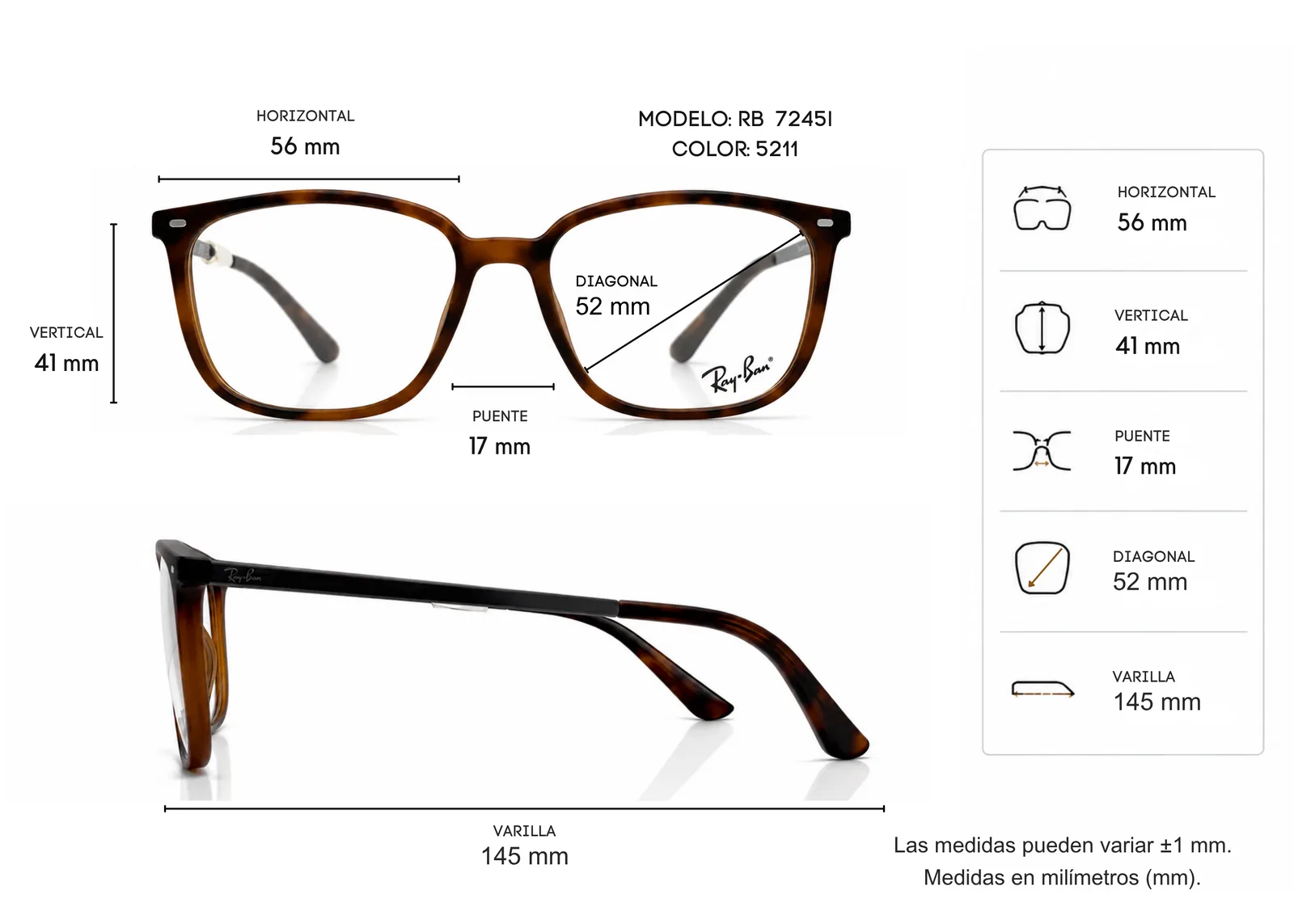Armazón Ray Ban RB7245L, color carey · vista 2