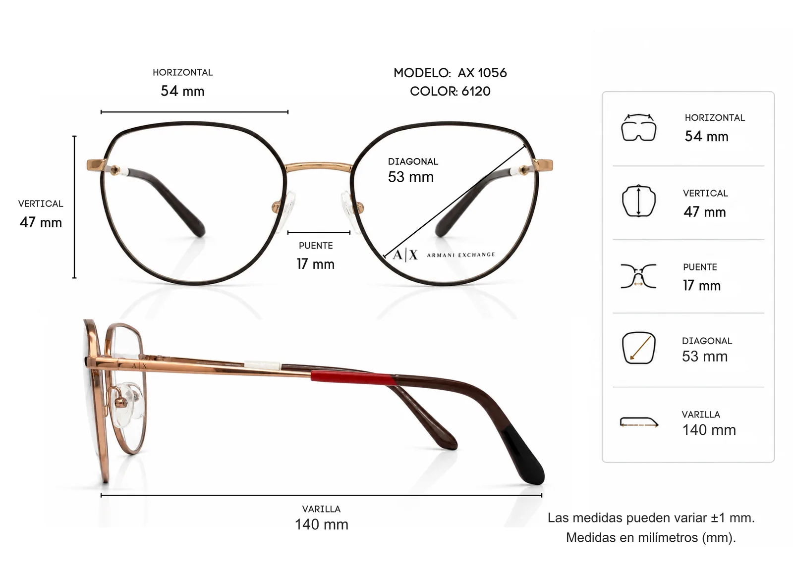 Armazón Armani Exchange AX1056, color cafe · vista 3