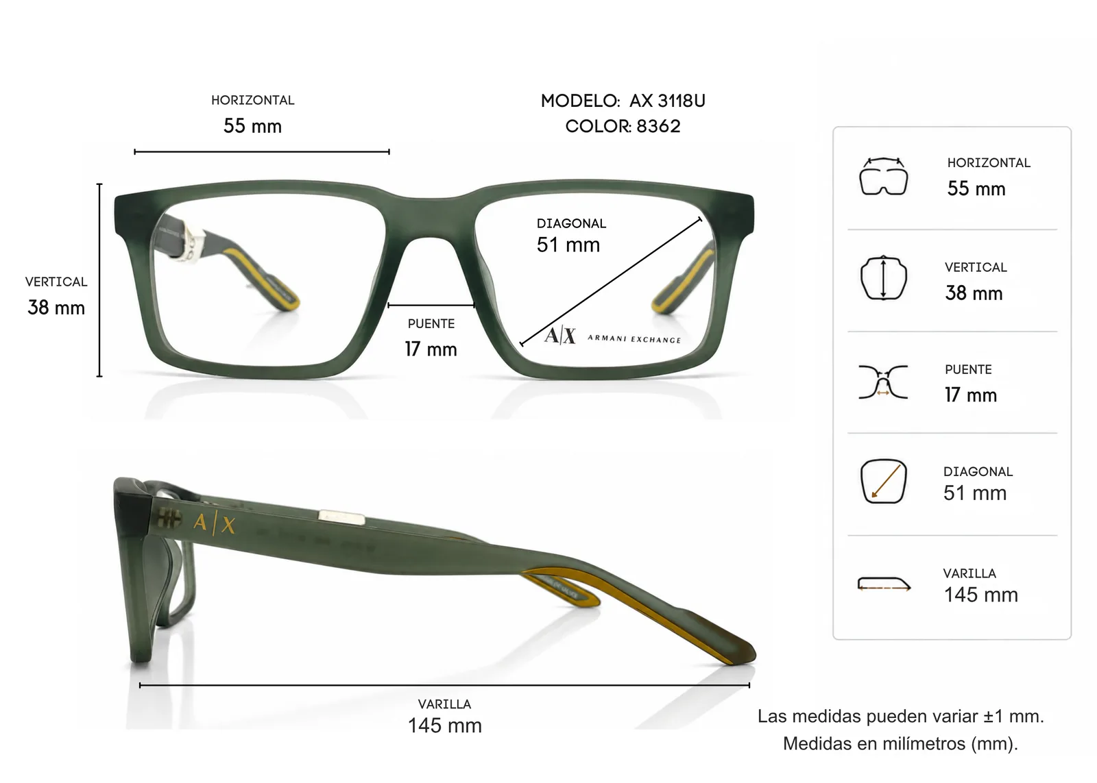 Armazón Armani Exchange AX3118U, color verde · vista 6
