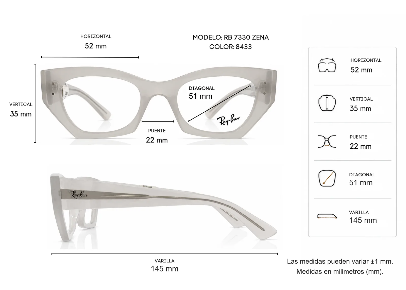 Armazón Ray Ban RB7330 ZENA, color blanco · vista 2