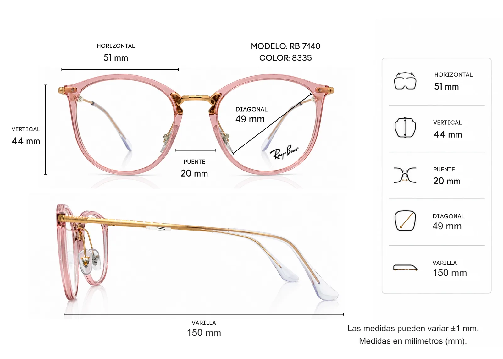 Armazón Ray Ban RB7140, color rosa · vista 2