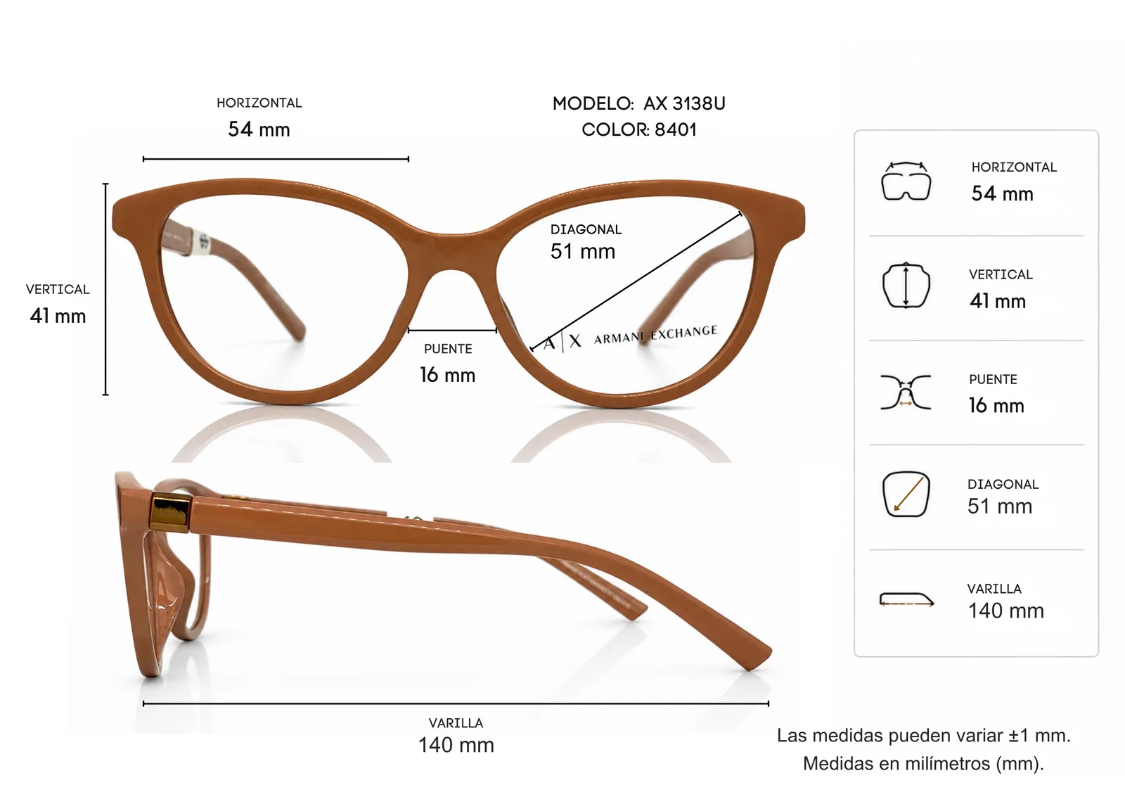 Armazón Armani Exchange AX3138U, color beige · vista 2