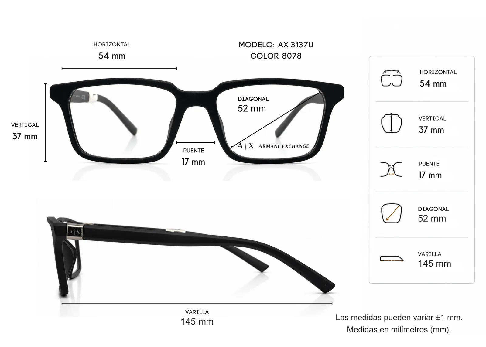 Armazón Armani Exchange AX3137U, color negro mate · vista 3