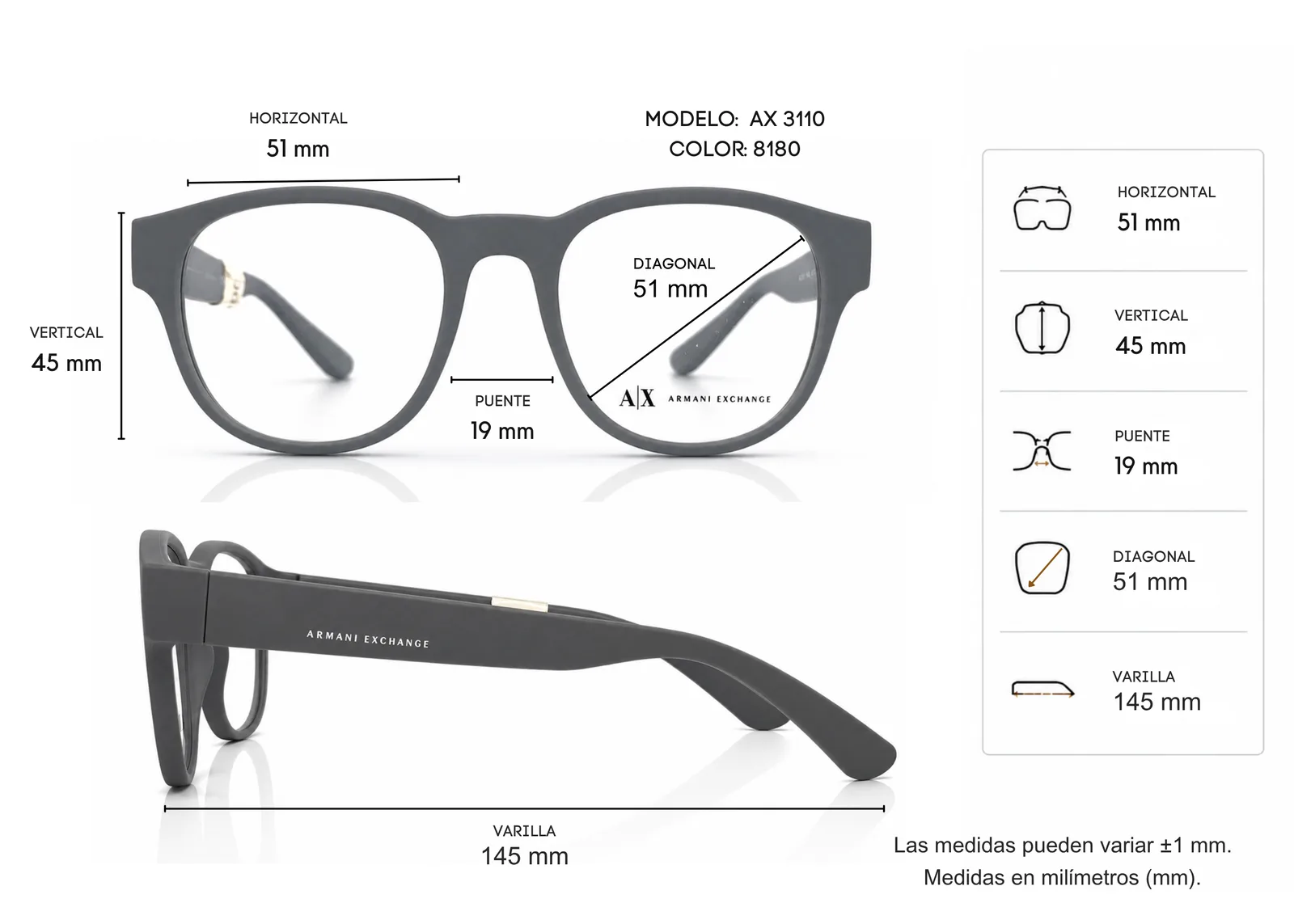 Armazón Armani Exchange AX3110, color gris · vista 2