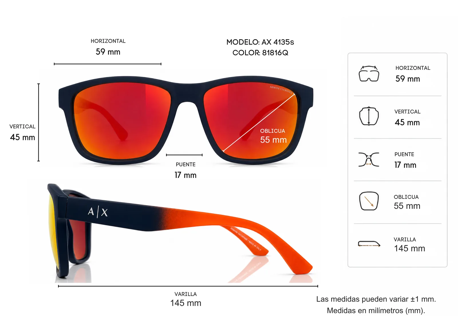 Armazón Armani Exchange AX4135S, color azul · vista 2