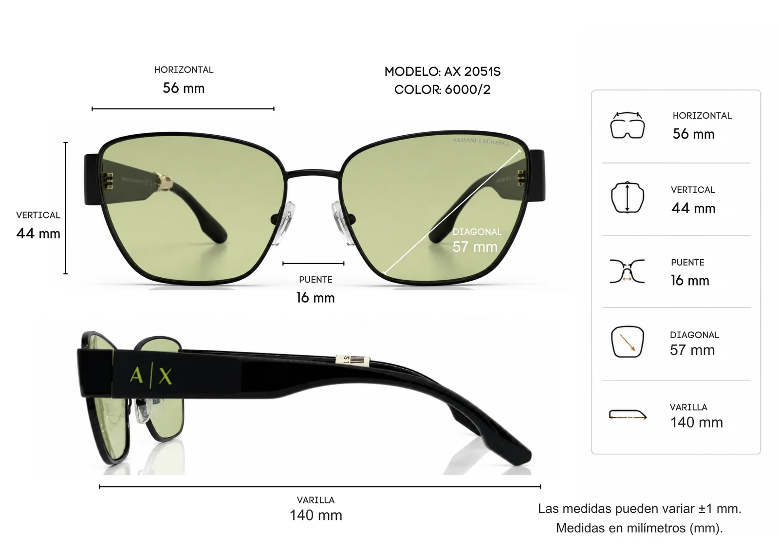 Armazón Armani Exchange AX2051S, color negro · vista 6