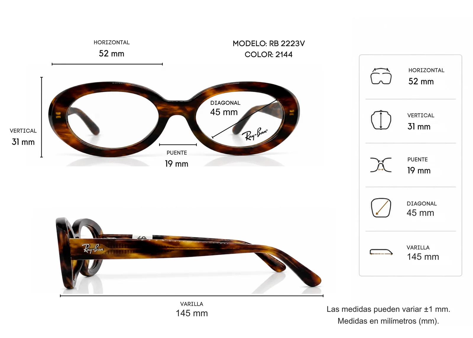 Armazón Ray Ban RB2223V, color carey · vista 2