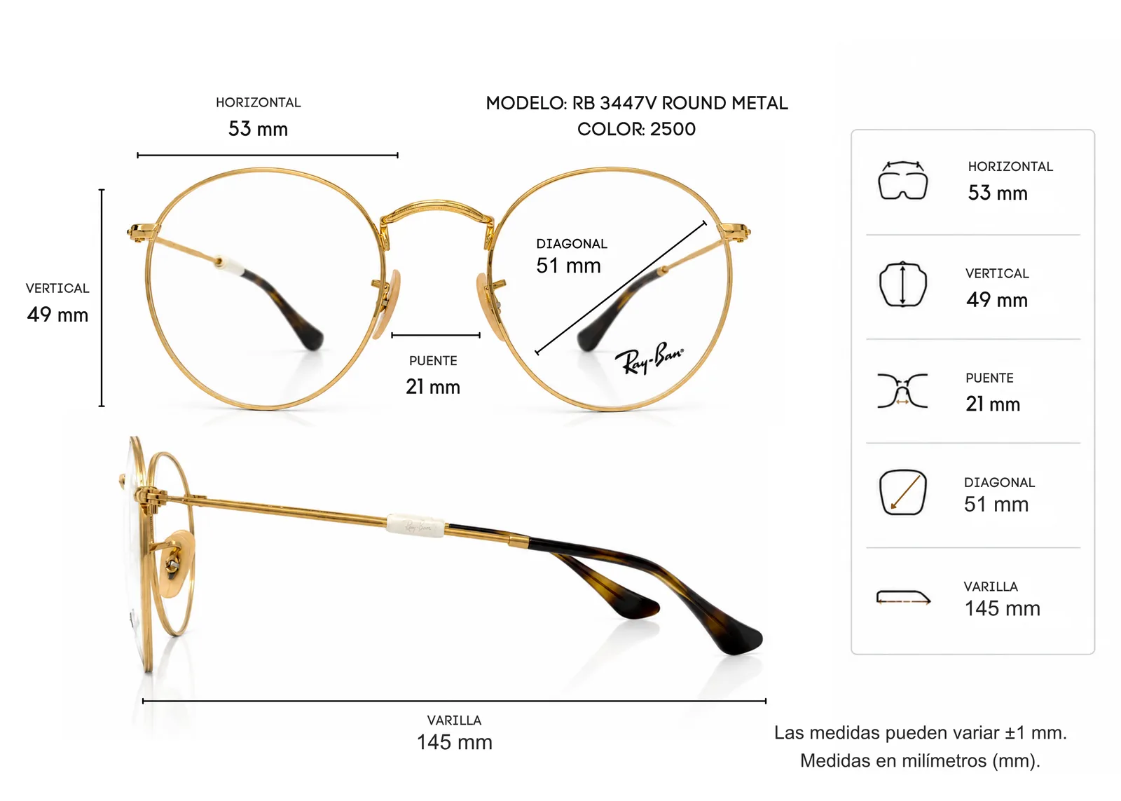 Armazón Ray Ban RB3447V ROUND METAL, color dorado · vista 2