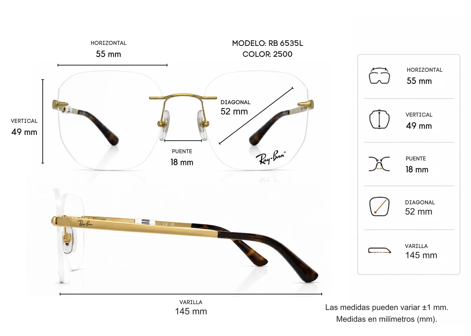 Armazón Ray Ban RB6535L, color dorado · vista 2